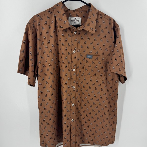 BURLEBO Mens Short Sleeve Button Up Shirt Brown Deer Print Casual Size Large - Picture 2 of 10